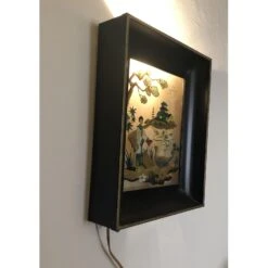 Vintage Lighted Shadowbox Wall Lamp W/ Painted Glass Art