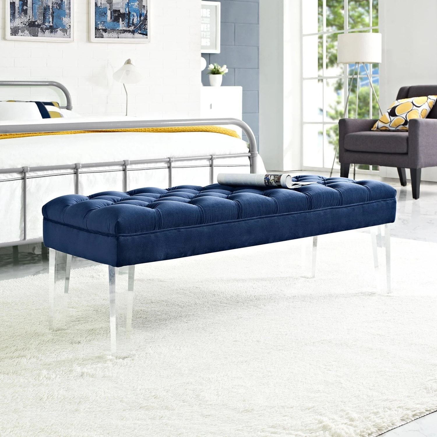 Other Bench In Navy Velvet Fabric W Clear Acrylic Legs 4 Other Bench In Navy Velvet Fabric W Clear Acrylic Legs - Image 2