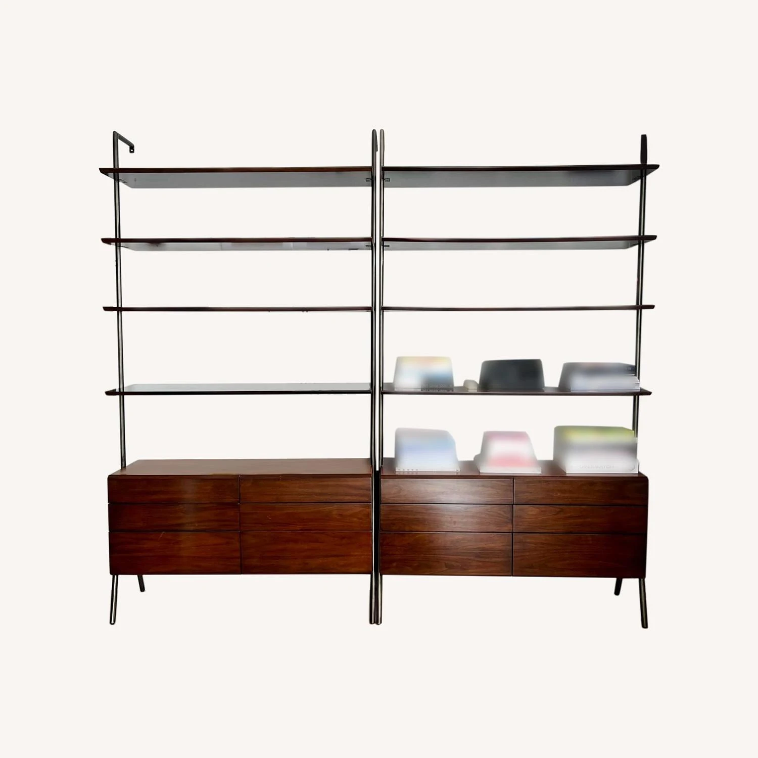 CB2 Walnut Wood Wall Mount Bookshelf With Drawers 3 CB2 Walnut Wood Wall Mount Bookshelf With Drawers