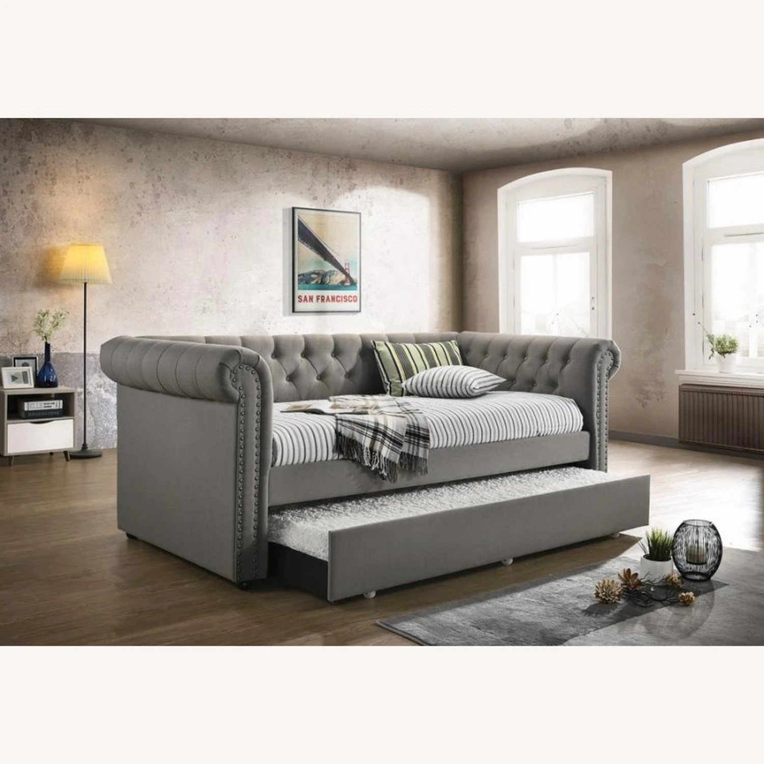 Other Twin Daybed W/ Trundle In Grey Fabric Upholstery 4 Other Twin Daybed W/ Trundle In Grey Fabric Upholstery - Image 2