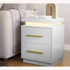 White LED N Ightstand With Gold Accents