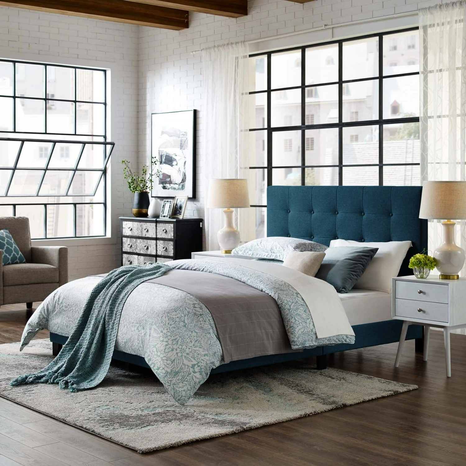 Other Twin Bed In Tufted Upholstered Azure Fabric Finish 8 Other Twin Bed In Tufted Upholstered Azure Fabric Finish - Image 6