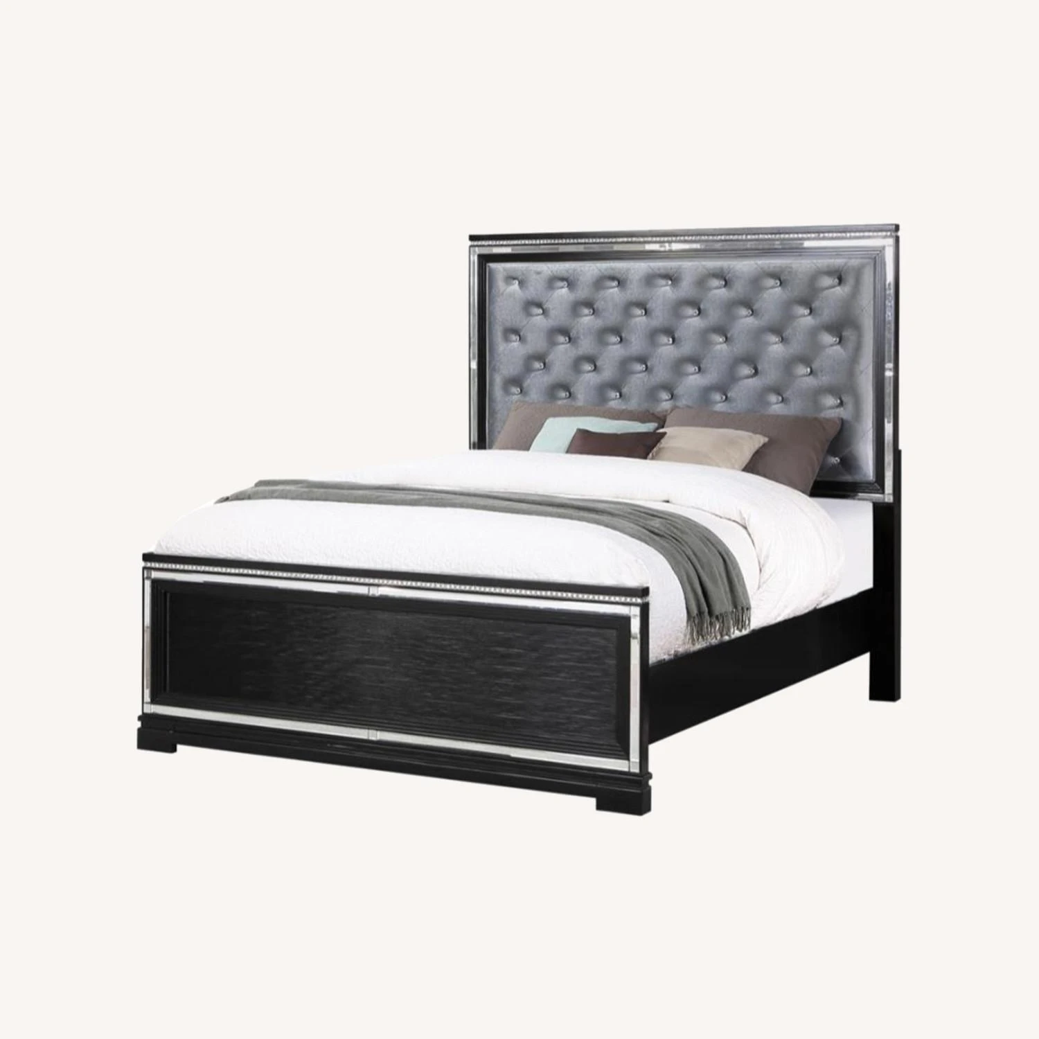 Other Queen Bed In Black Wood W/ Silver Velvet Finish 7 Other Queen Bed In Black Wood W/ Silver Velvet Finish - Image 5