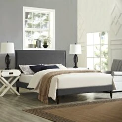 Other Full Bed In Gray Fabric W/ Tapered Wood Legs