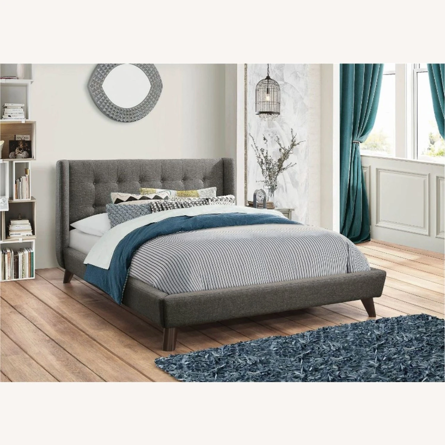 Other Full Bed In Grey Woven Fabric W/ Tufted Headboard 4 Other Full Bed In Grey Woven Fabric W/ Tufted Headboard - Image 2