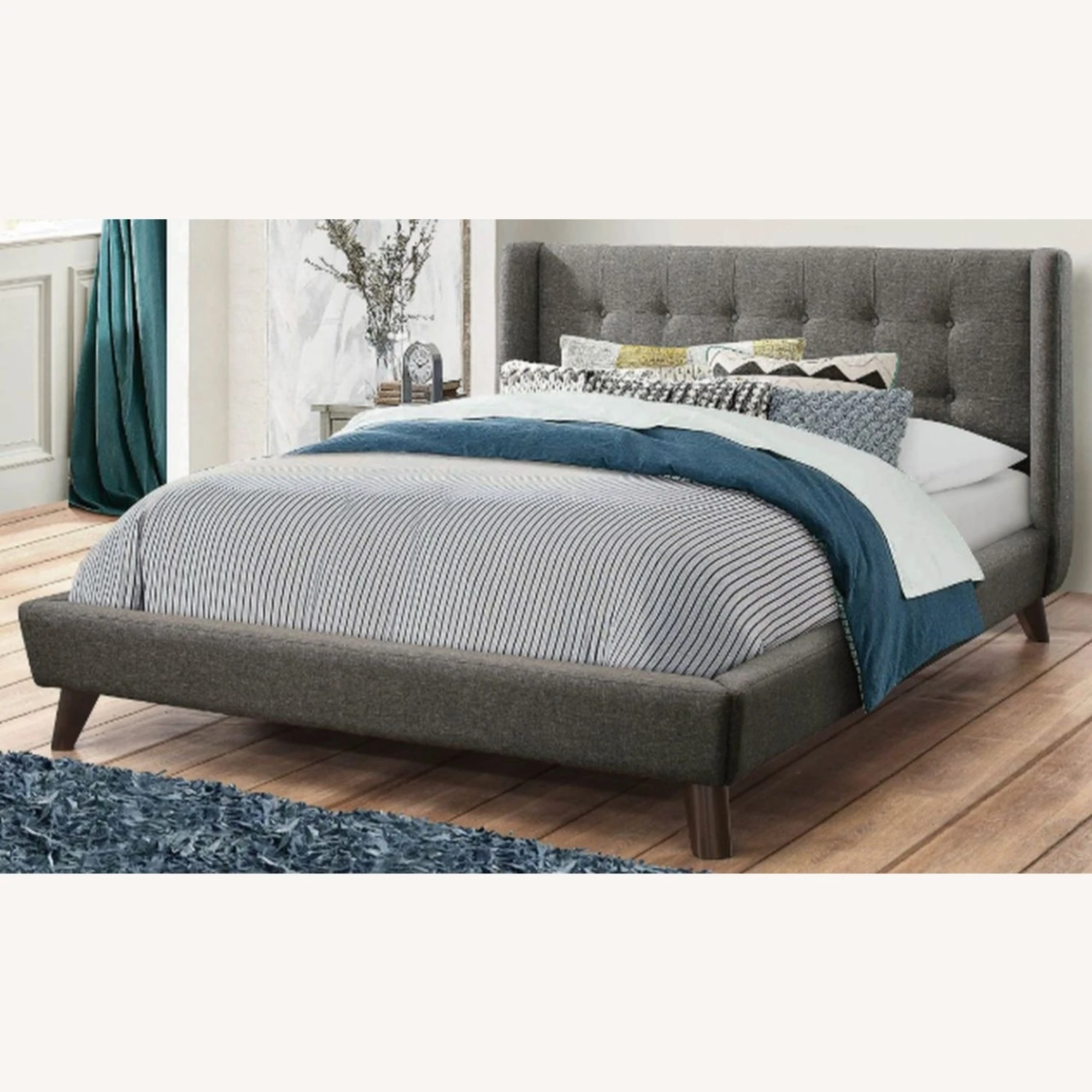Other Full Bed In Grey Woven Fabric W/ Tufted Headboard 6 Other Full Bed In Grey Woven Fabric W/ Tufted Headboard - Image 4