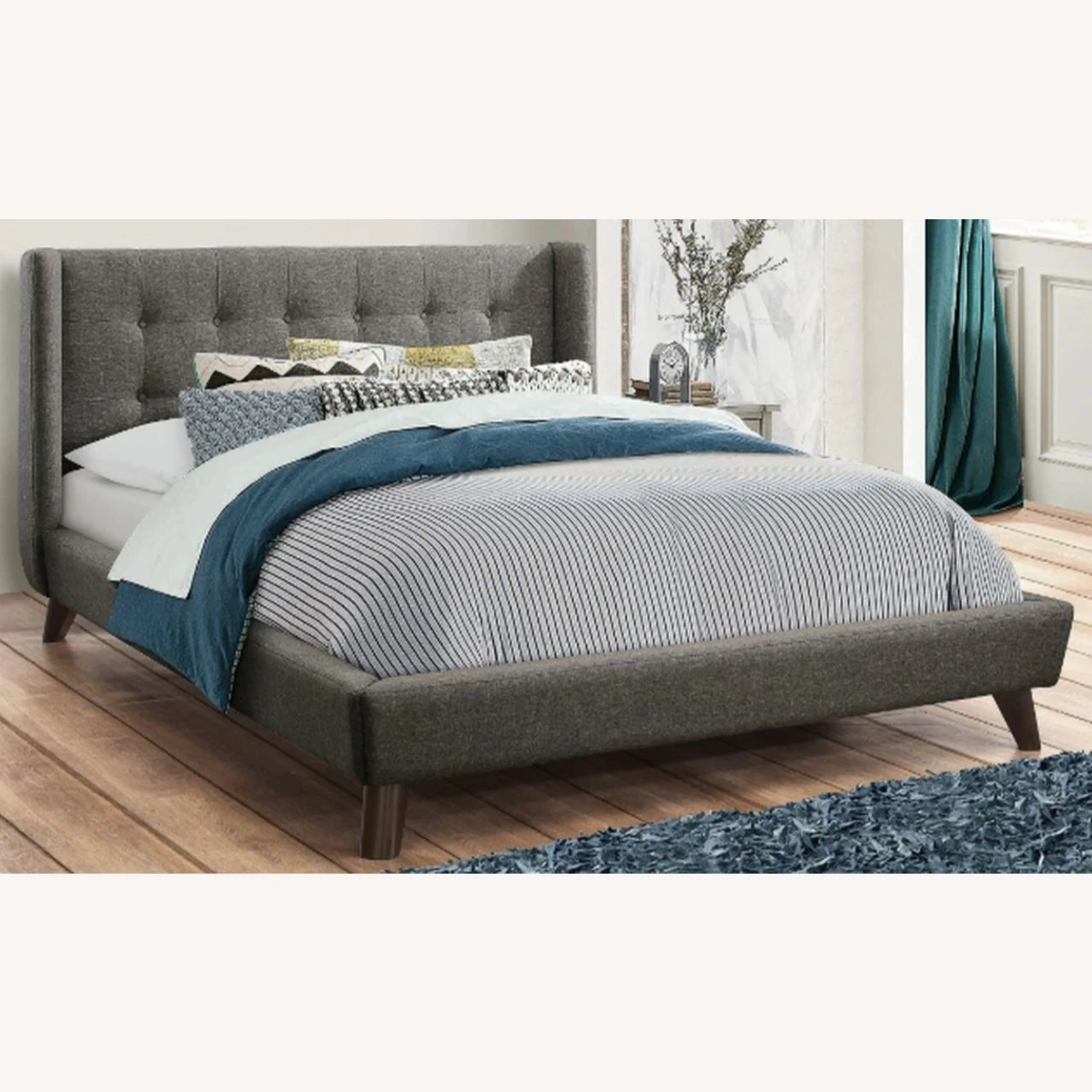 Other Full Bed In Grey Woven Fabric W/ Tufted Headboard 7 Other Full Bed In Grey Woven Fabric W/ Tufted Headboard - Image 5