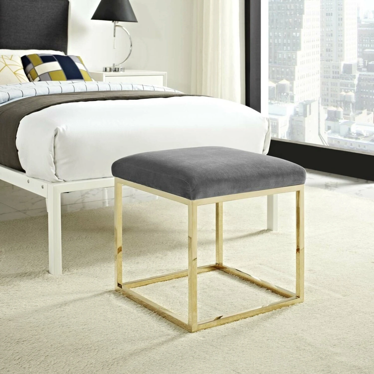 Other Ottoman In Gray Velvet Fabric W/ Gold Steel Base 8 Other Ottoman In Gray Velvet Fabric W/ Gold Steel Base - Image 6