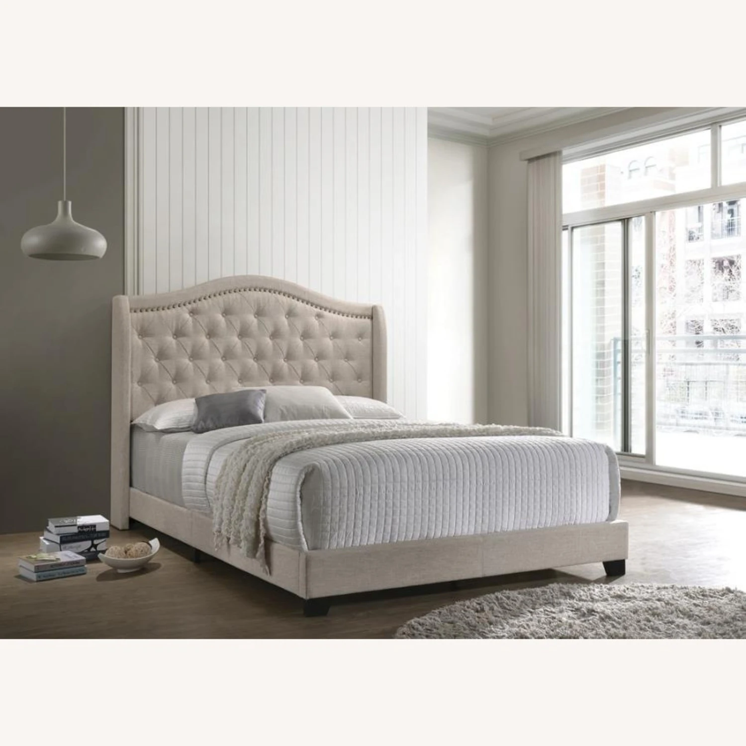 Other King Bed In Beige Fabric W/ Camel-Back Headboard 9 Other King Bed In Beige Fabric W/ Camel-Back Headboard - Image 7