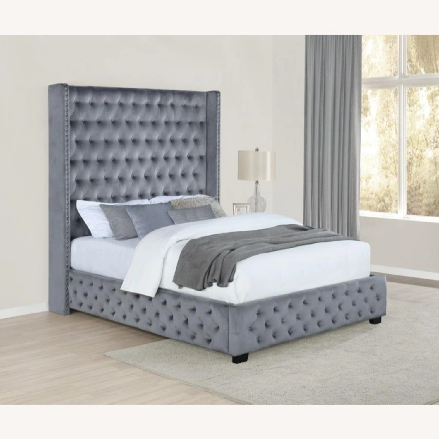 Other King Bed In Grey Velvet W/ Tall Tufted Headboard 5 Other King Bed In Grey Velvet W/ Tall Tufted Headboard - Image 3