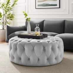 Other Large Round Ottoman In Tufted Light Gray Velvet -Home Furnishings Store 1500 1500 frame 0 762