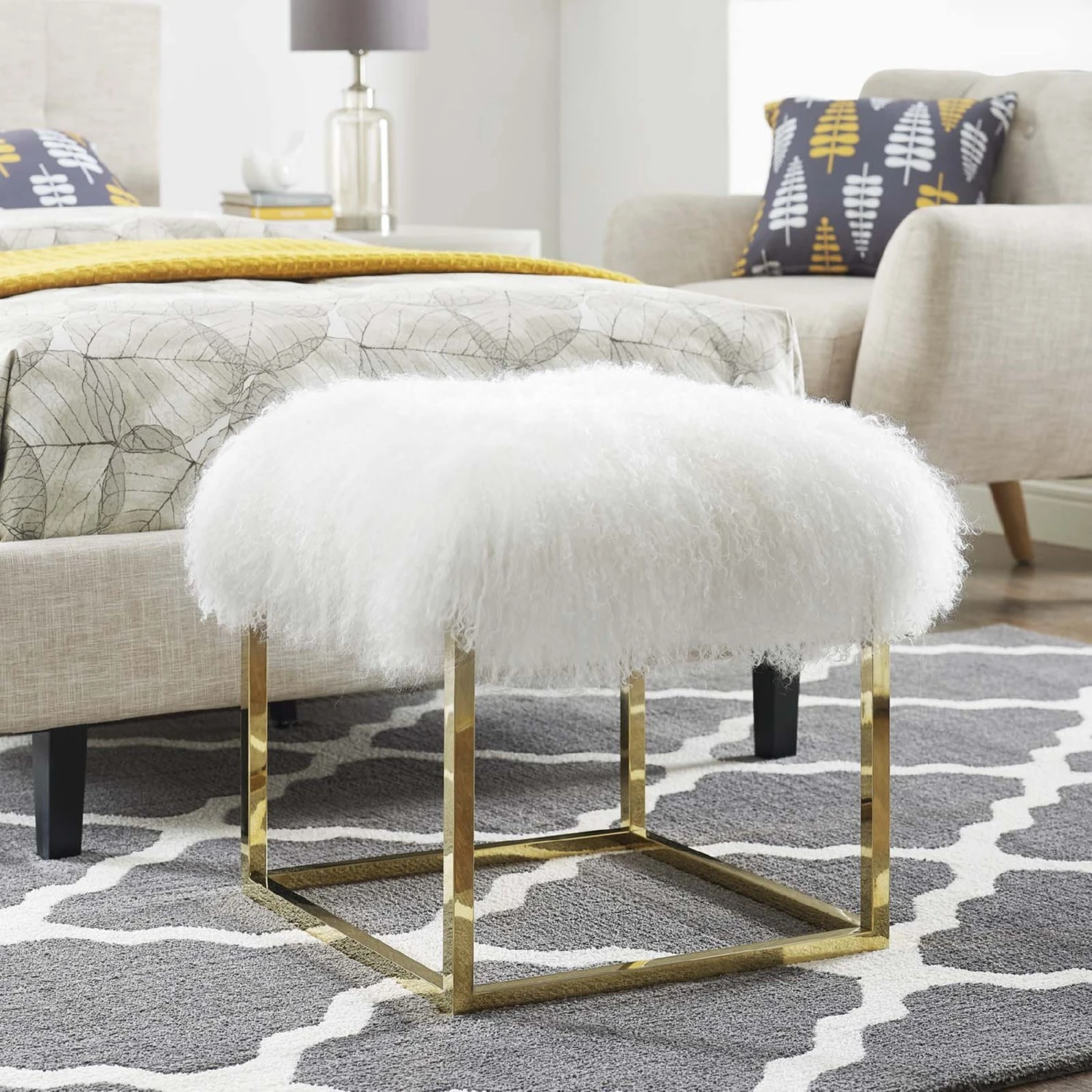 Other Modern Sleek Ottoman In White Sheepskin Seat 8 Other Modern Sleek Ottoman In White Sheepskin Seat - Image 6