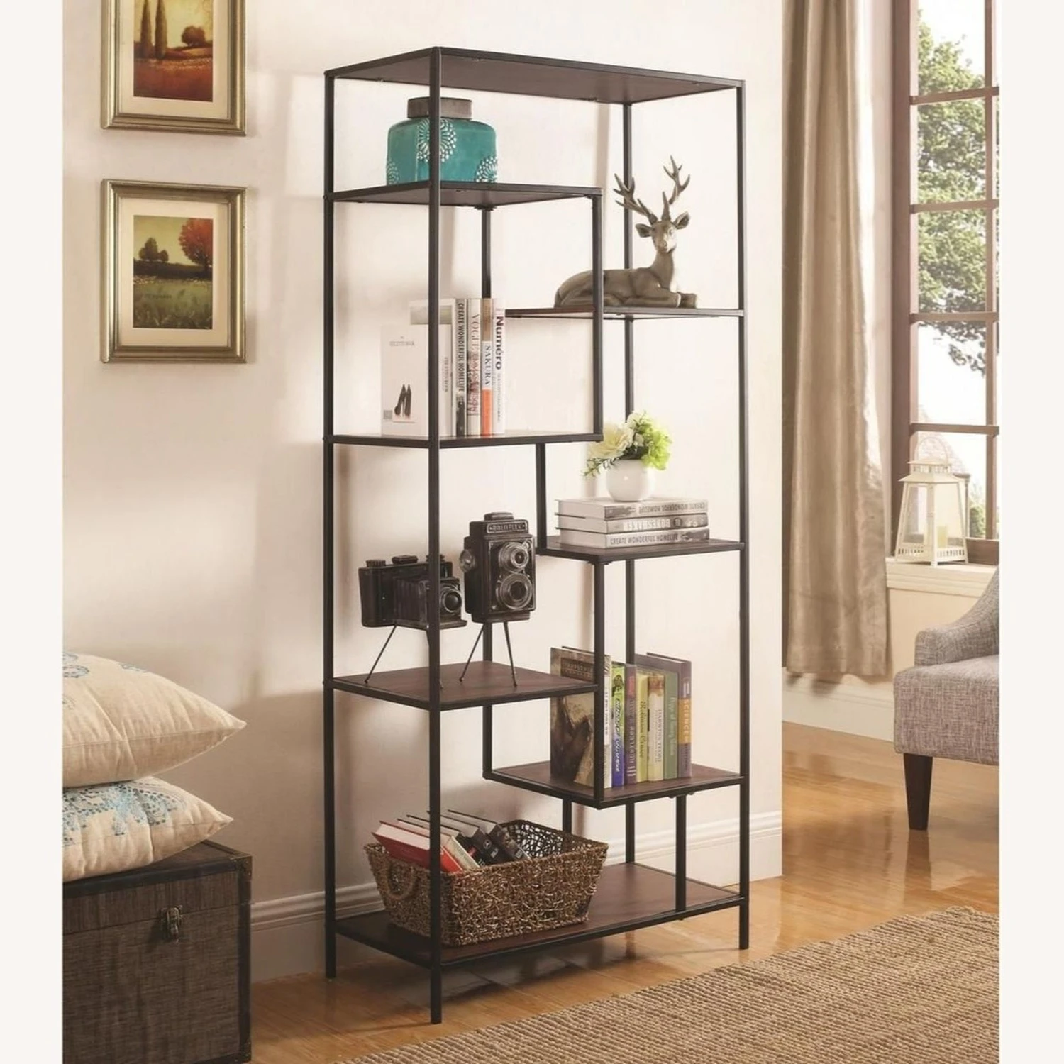 Other Rustic Bookcase In Walnut W/ Black Metal Frame 5 Other Rustic Bookcase In Walnut W/ Black Metal Frame - Image 3